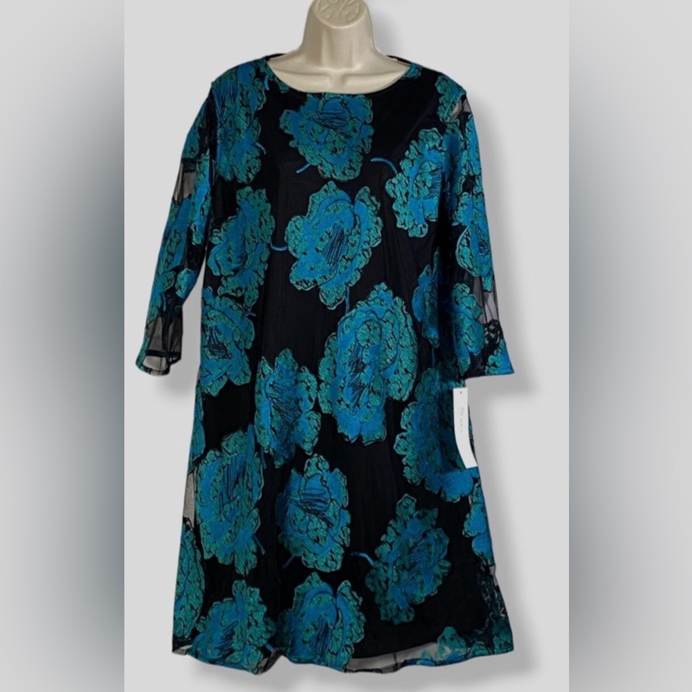 Caroline Rose $435 Black/Turquoise dress. Size L made in USA